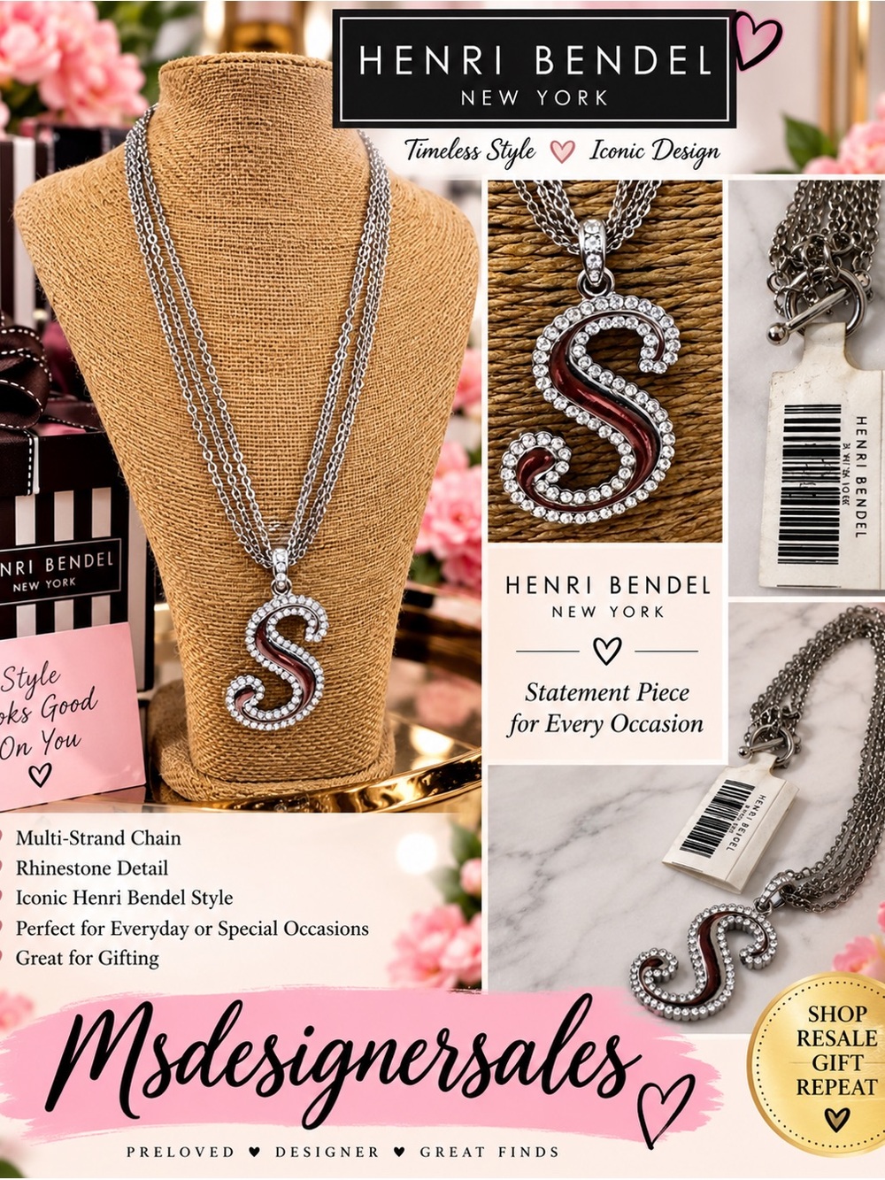 Henri Bendel Silver Multi-Strand Necklace with Red and Rhinestone 'S' Pendant